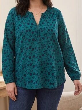 GAP Teal Green Navy Blue Floral Split Neck Blouse Top Size L cotton casual